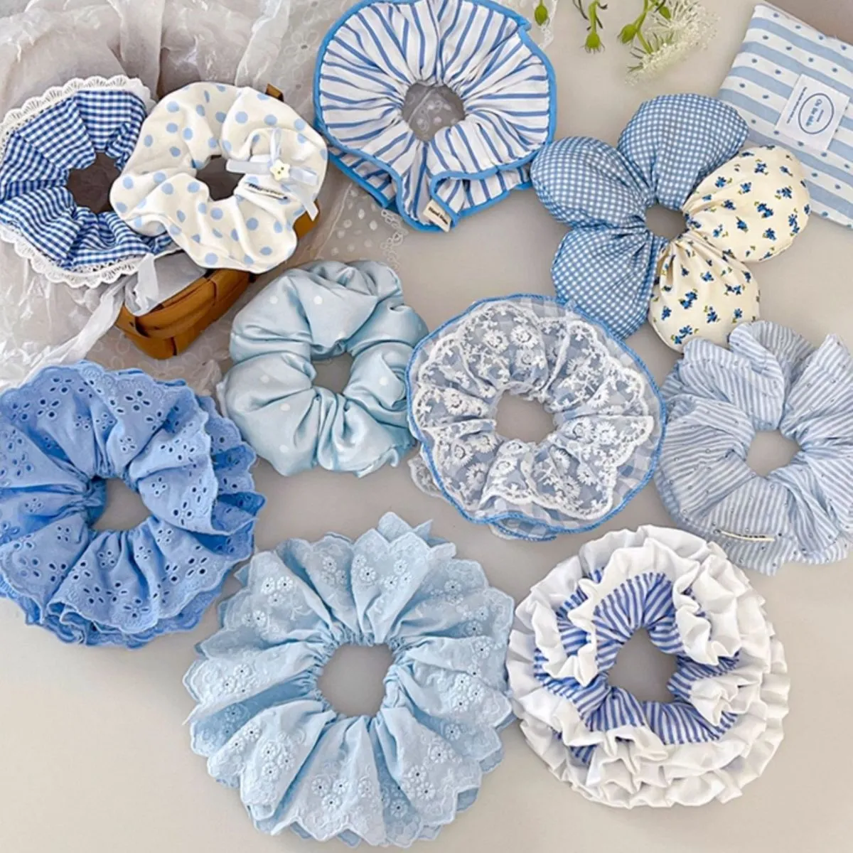 Blue Striped Lace Scrunchie for Women – Large Elegant Hair Tie with Lace Trim, Oversized Ponytail Holder for Bun & Low Ponytail, Premium Hair Accessory